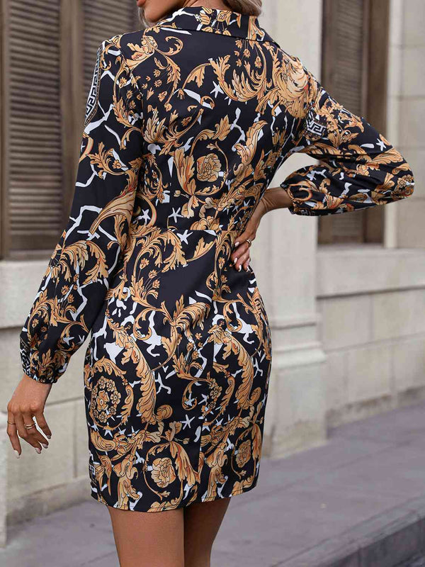 Tie Front Printed Collared Neck Shirt Dress Bazaarbey