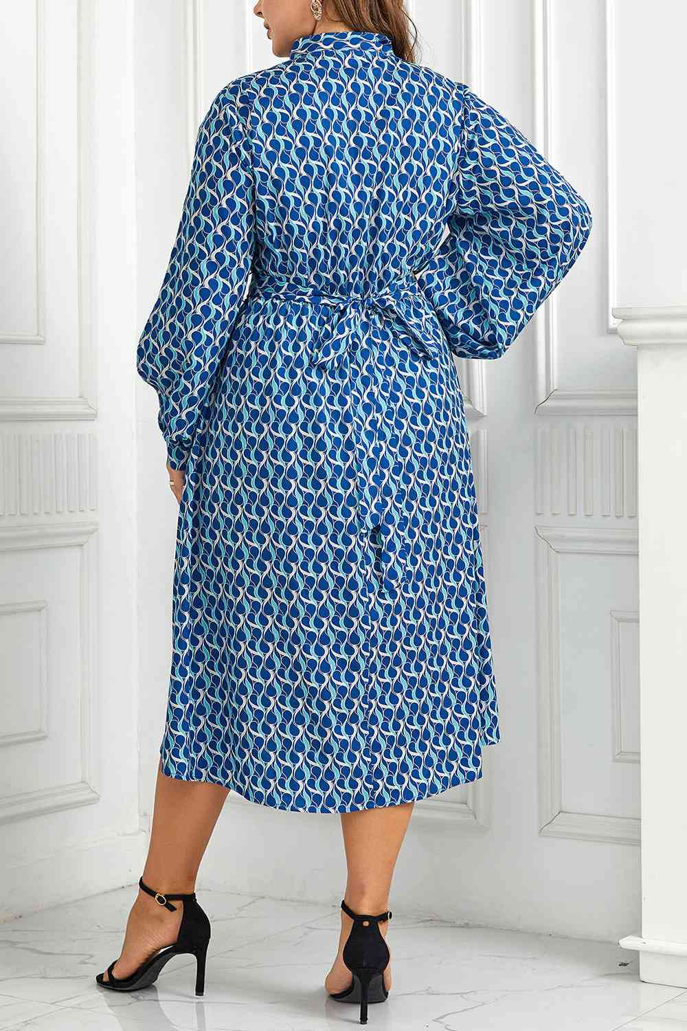 Plus Size Printed Tie Neck Midi Dress -BazaarBey - www.shopbazaarbey.com