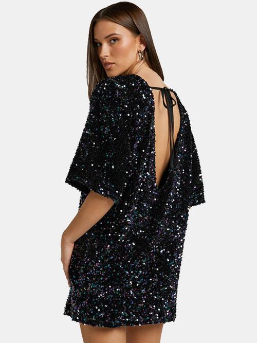 Sequin Tie Back Half Sleeve Mini Dress Bazaarbey