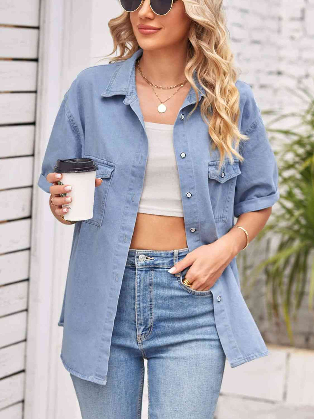 Collared Neck Short Sleeve Denim Jacket Bazaarbey