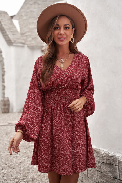 Smocked V-Neck Balloon Sleeve Dress Bazaarbey