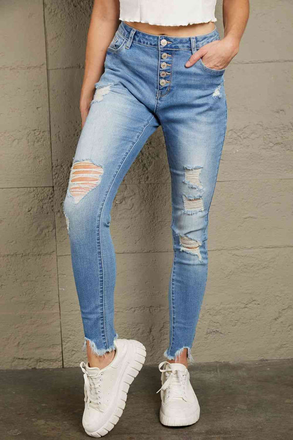  Button Front Frayed Ankle Skinny Jeans Trendsi