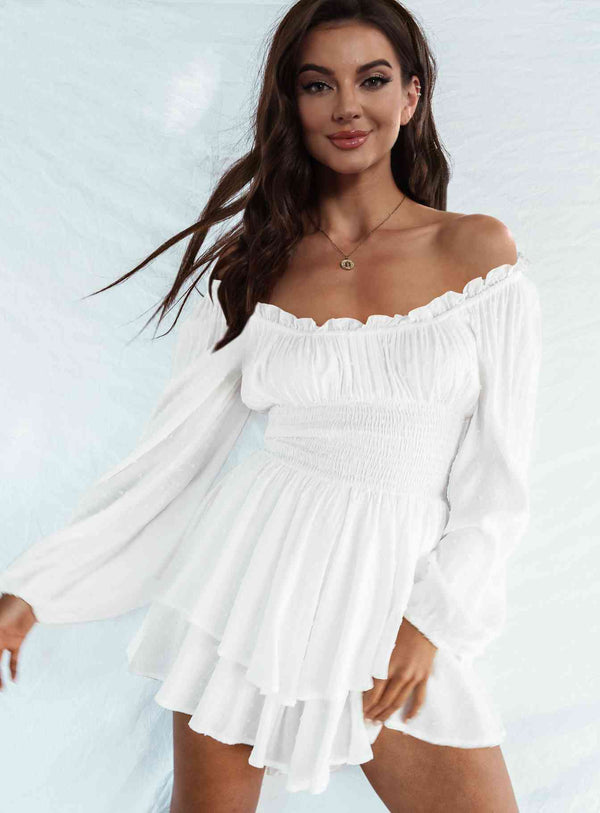 Off Shoulder Smocked Waist Romper -BazaarBey - www.shopbazaarbey.com