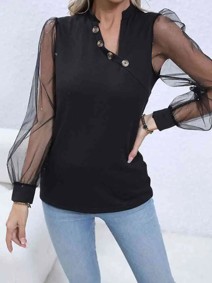 Decorative Button Puff Sleeve Blouse Trendsi