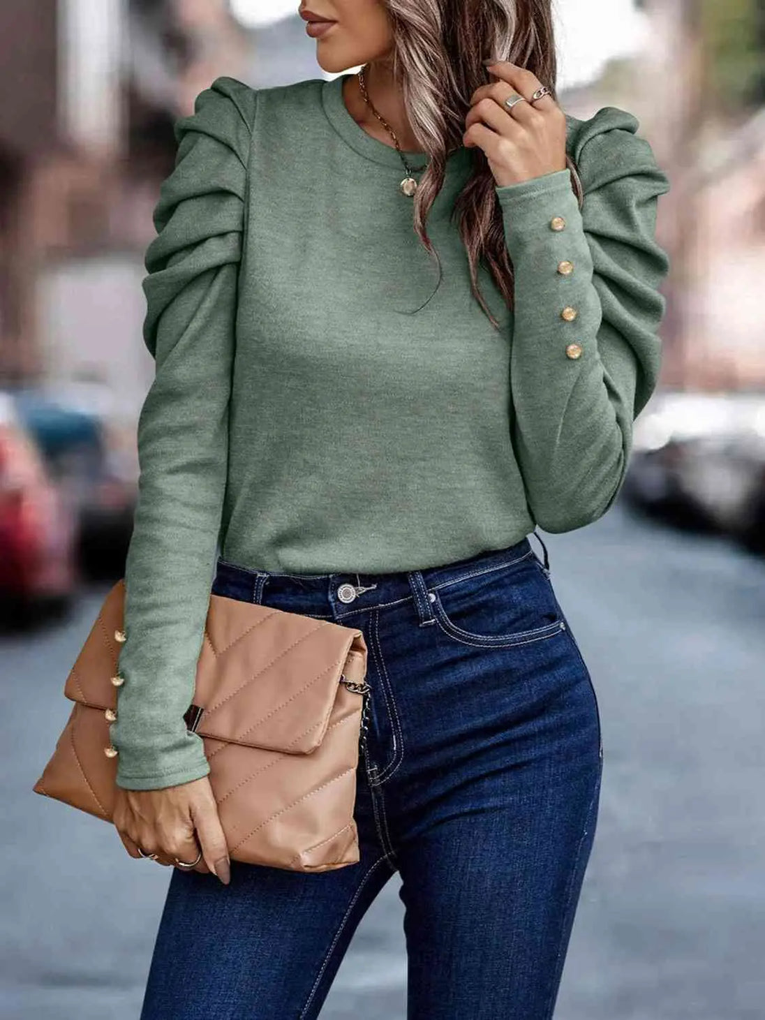 Decorative Button Puff Sleeve T-Shirt Trendsi