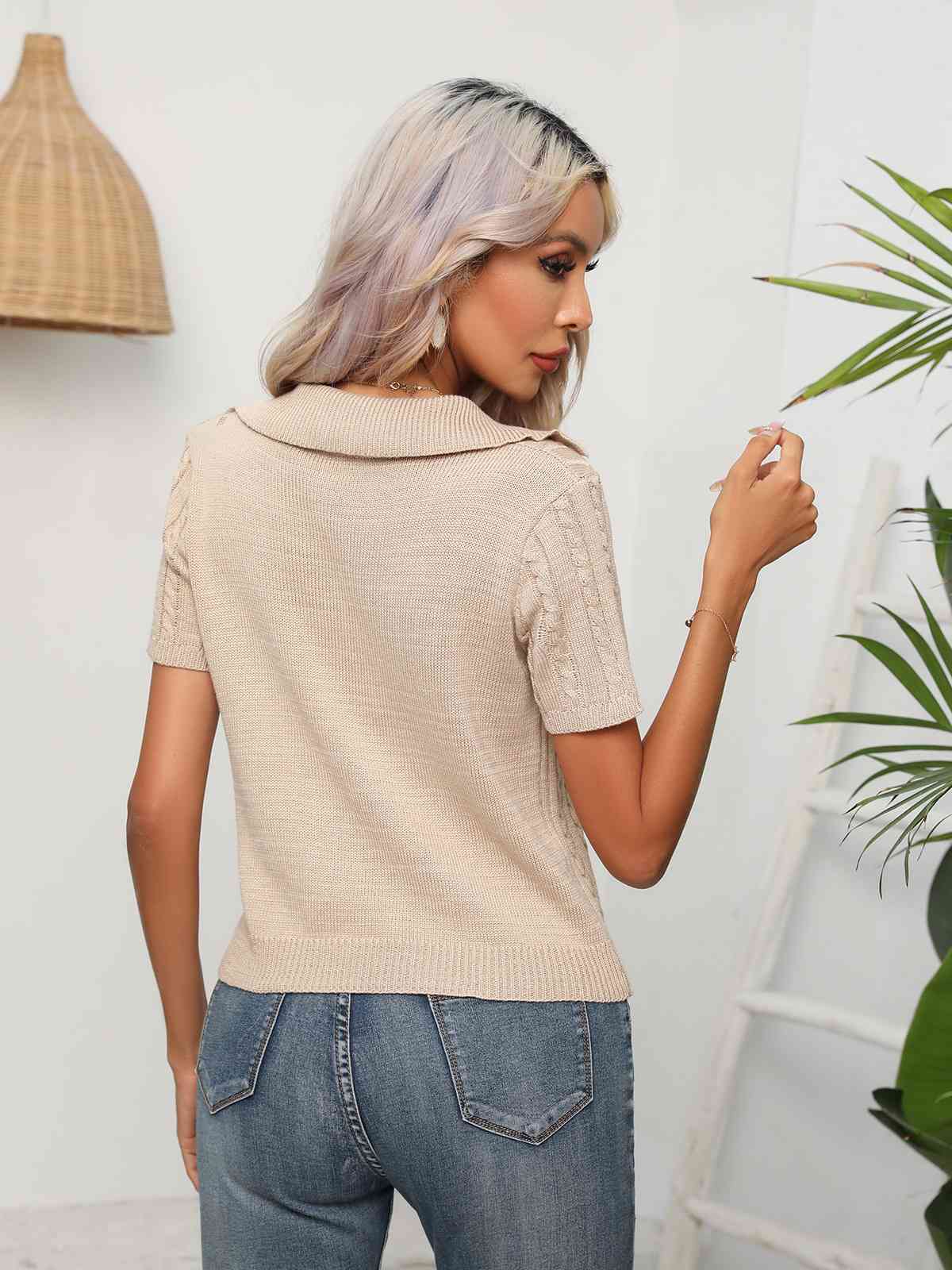 Cable-Knit  Short Sleeve Knit Top Trendsi