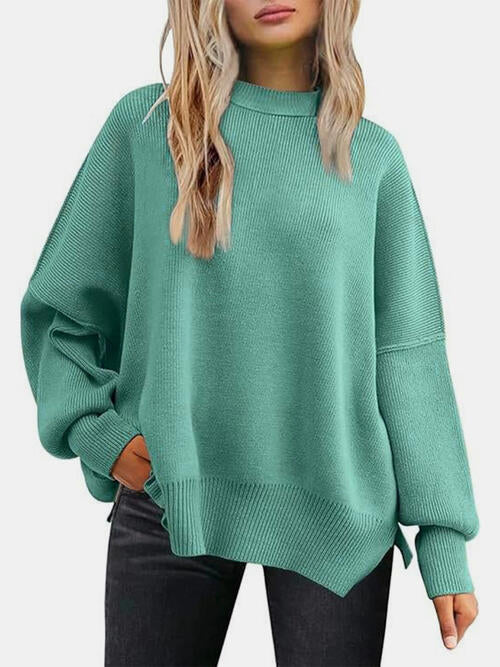 Round Neck Drop Shoulder Slit Sweater Bazaarbey