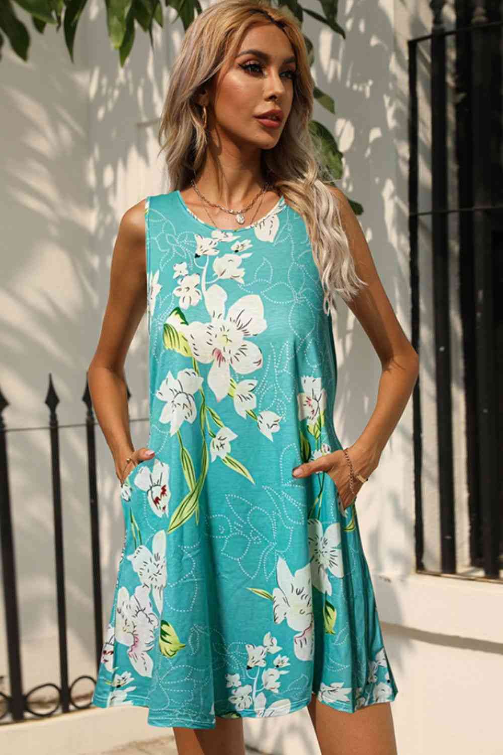 Printed Round Neck Sleeveless Dress with Pockets -BazaarBey - www.shopbazaarbey.com