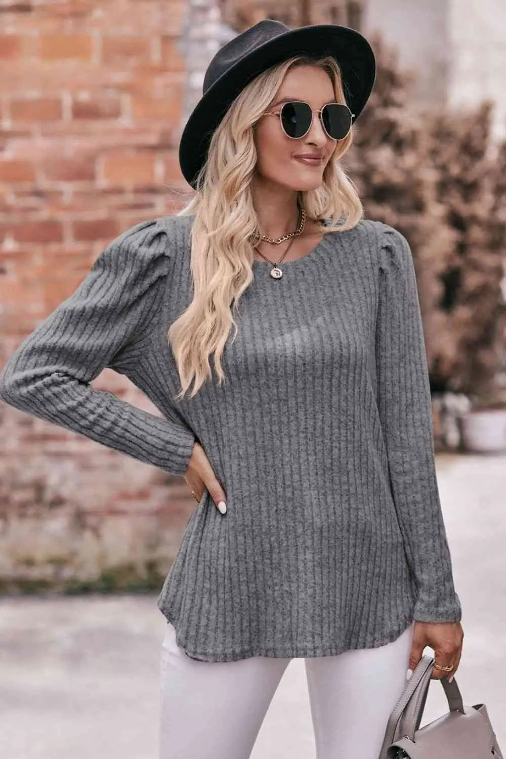  Round Neck Puff Sleeve Ribbed Top Trendsi