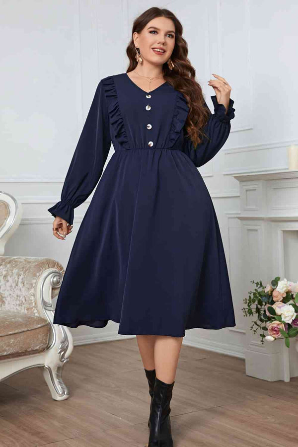  Apparel Plus Size V-Neck Buttoned Flounce Sleeve Dress -BazaarBey - www.shopbazaarbey.com