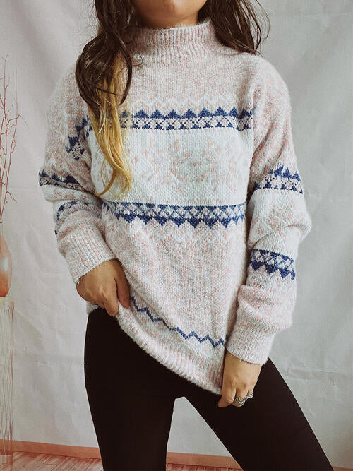 Geometric Mock Neck Dropped Shoulder Sweater Bazaarbey