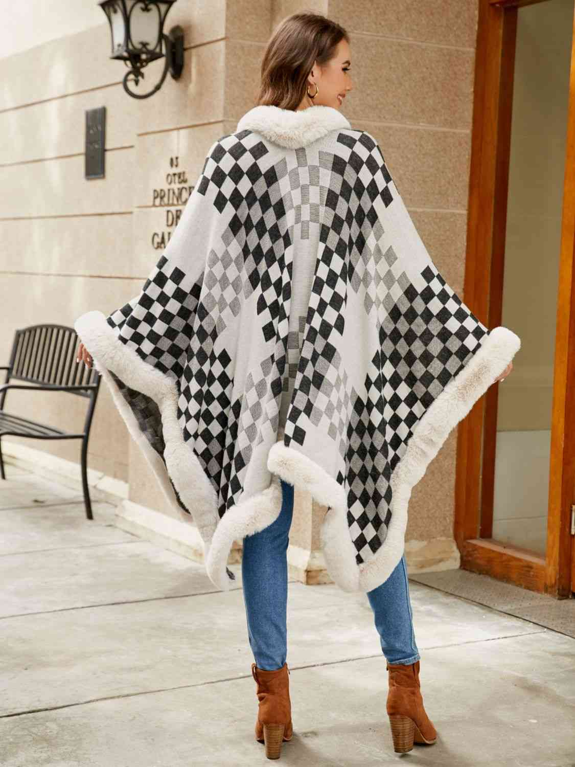 Checkered Faux Fur Trim Poncho Bazaarbey