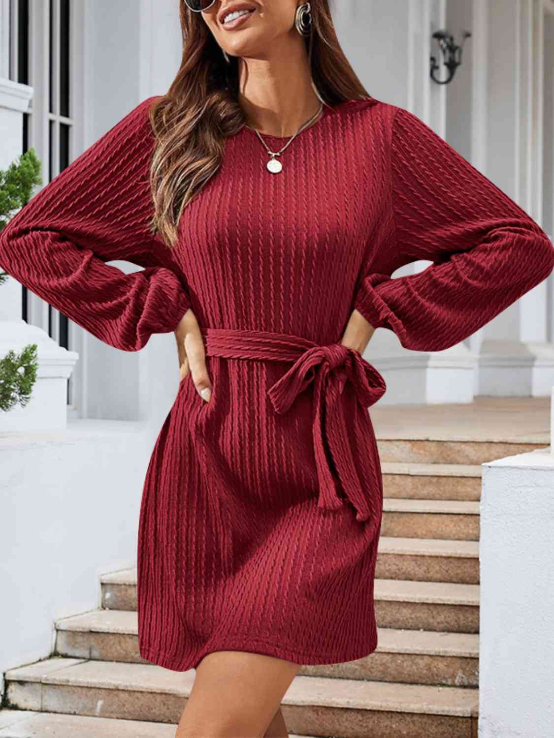 Round Neck Tie Front Long Sleeve Dress Bazaarbey