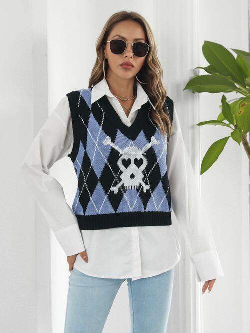 Skull  V-Neck Sweater Vest Trendsi