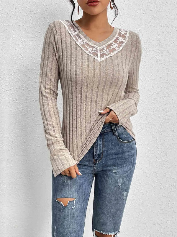  Detail Ribbed V-Neck Long Sleeve Top Bazaarbey