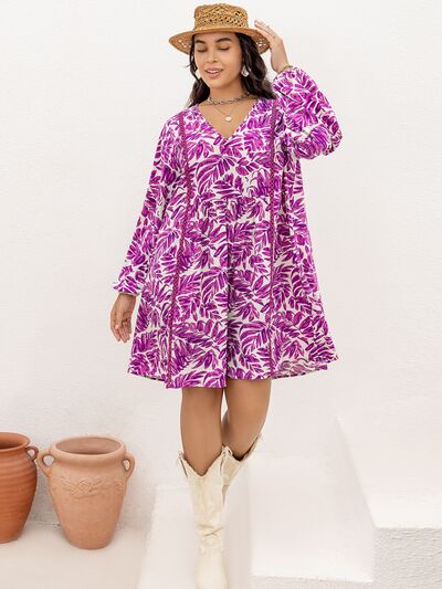 Plus Size Printed V-Neck Balloon Sleeve Mini Dress Bazaarbey