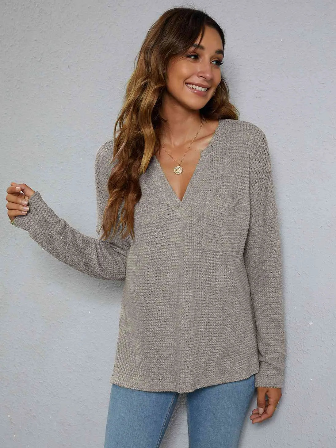 Dropped Shoulder High-Low Waffle-Knit Top Bazaarbey