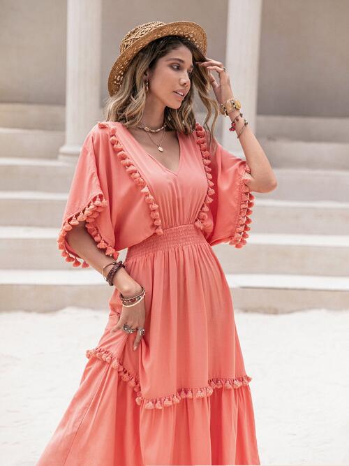 Tassel Trim Smocked V-Neck Short Sleeve Dress Bazaarbey