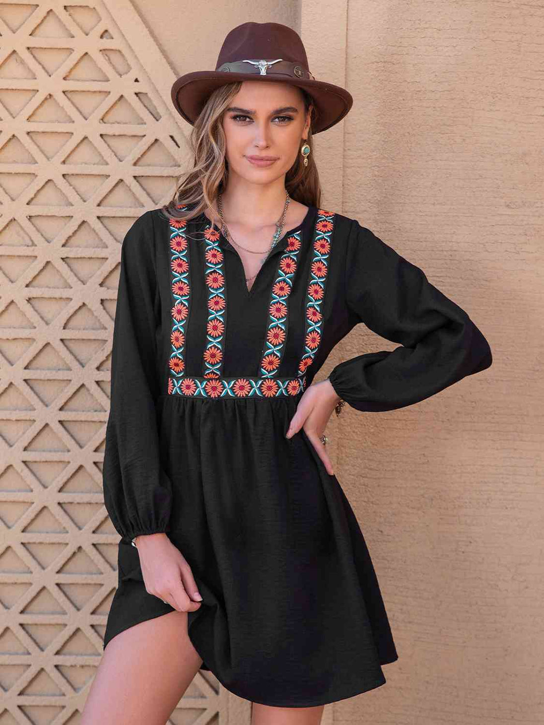 Notched Neck Long Sleeve Printed Mini Dress -BazaarBey - www.shopbazaarbey.com