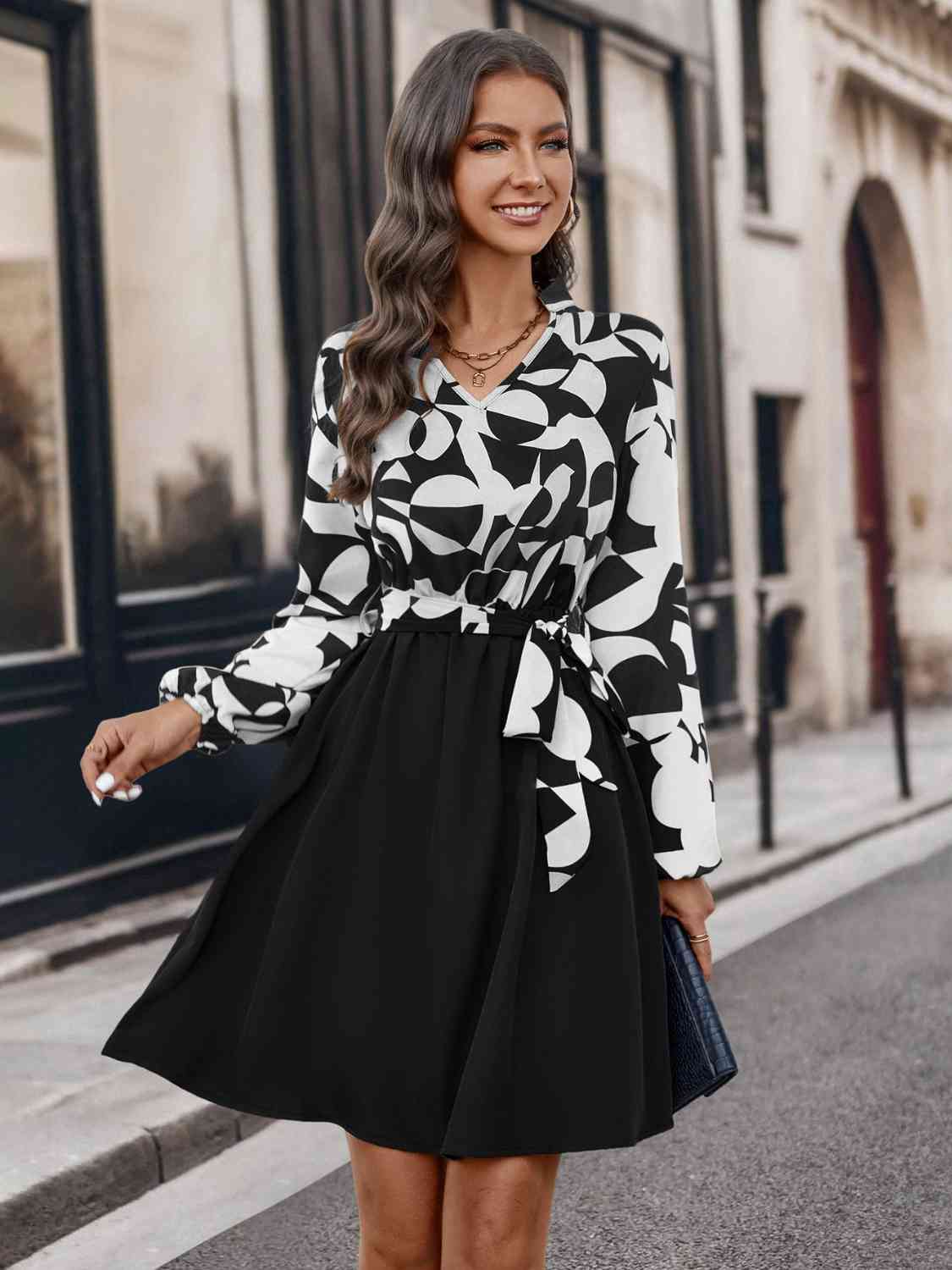 Contrast Notched Tie Front Long Sleeve Dress Bazaarbey