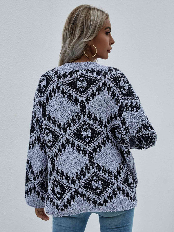 Geometric Print Chunky Knit Distressed Sweater Trendsi