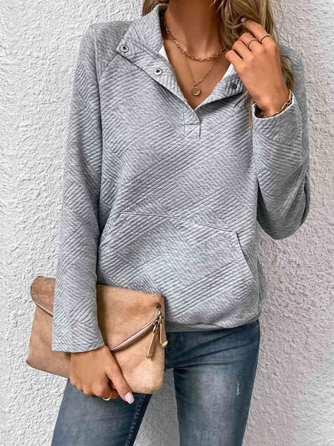 Half Buttoned Collared Neck Sweatshirt with Pocket Bazaarbey