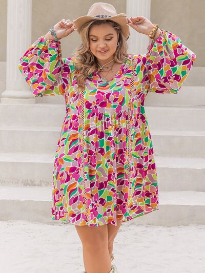 Plus Size Printed V-Neck Balloon Sleeve Mini Dress Bazaarbey