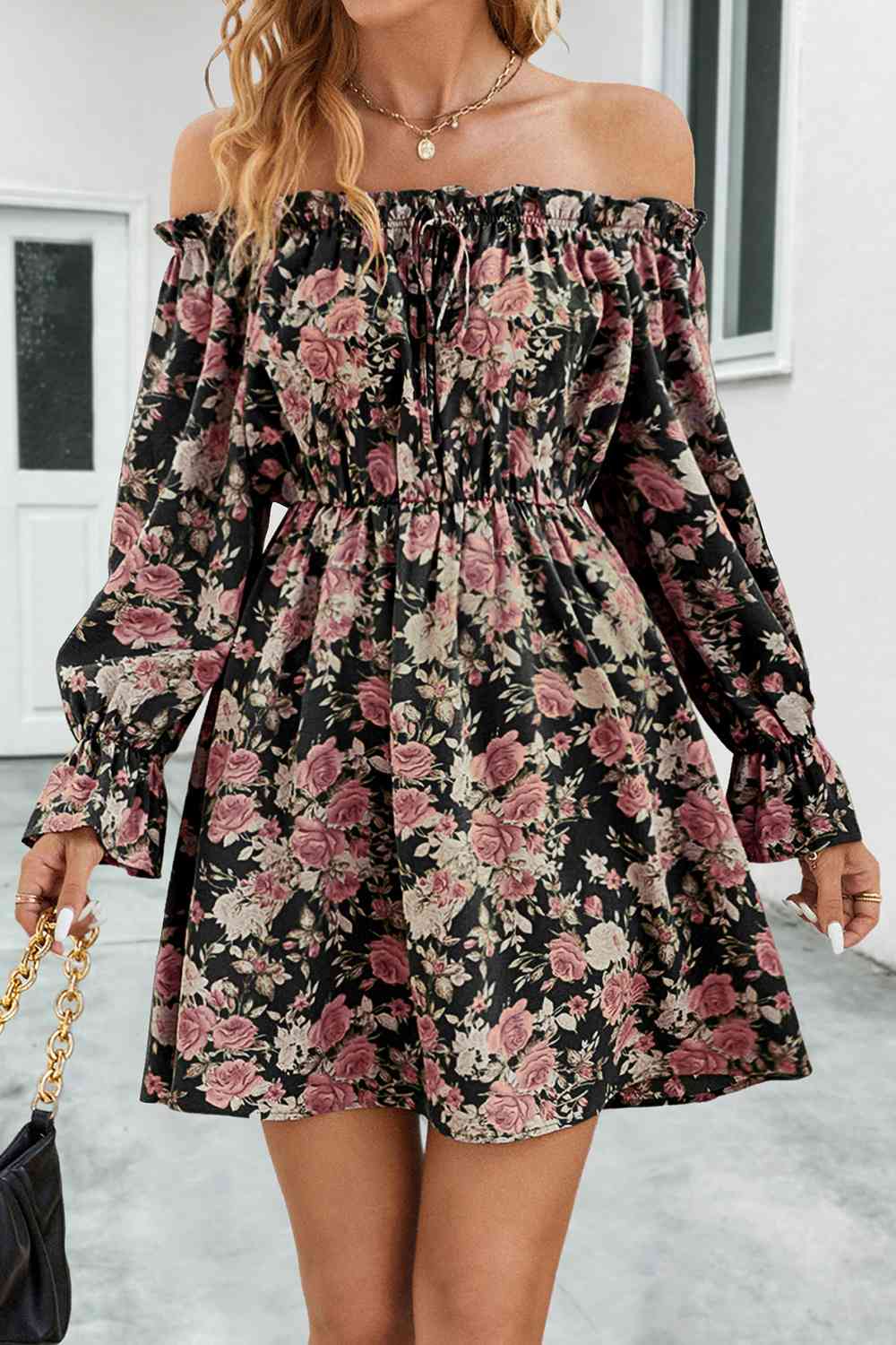 Floral Off-Shoulder Flounce Sleeve Dress -BazaarBey - www.shopbazaarbey.com