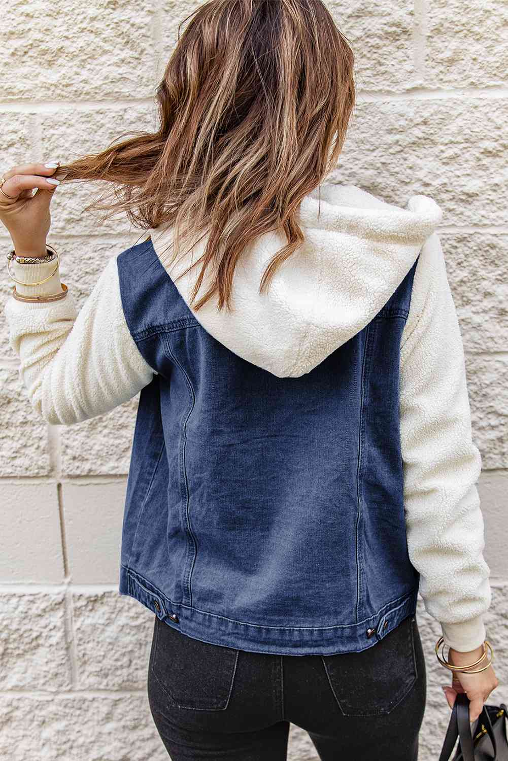 Two-Tone Spliced Denim Sherpa Hooded Jacket Bazaarbey