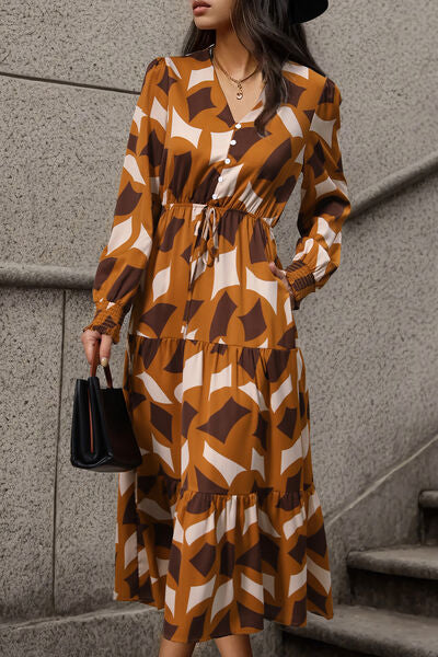 Printed Tied Pocketed Lantern Sleeve Dress Bazaarbey