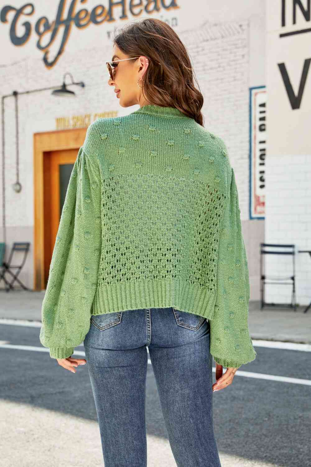 Woven Right Openwork Pompom Puff Sleeve Cardigan Trendsi