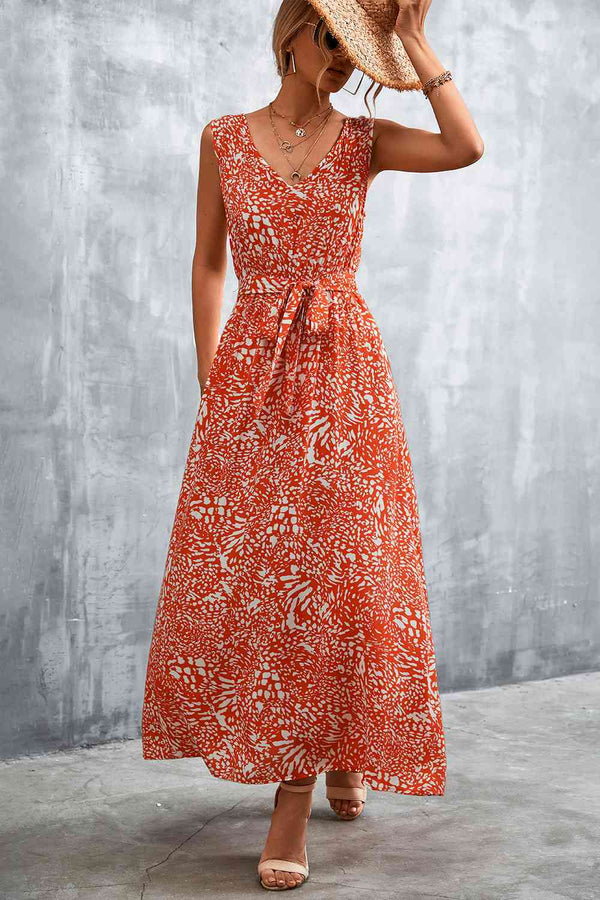 Printed V-Neck Tie Waist Maxi Dress Bazaarbey