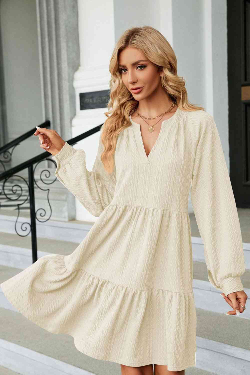 Notched Neck Long Sleeve Mini Dress Bazaarbey