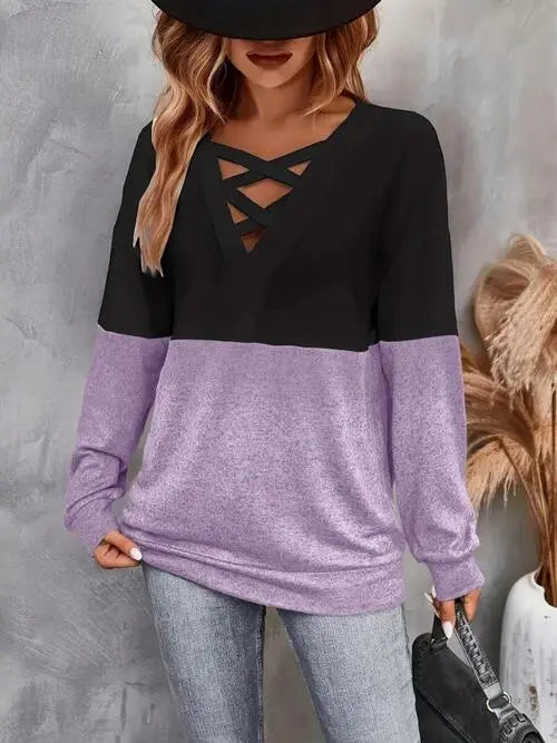   V-Neck Long Sleeve Top Trendsi