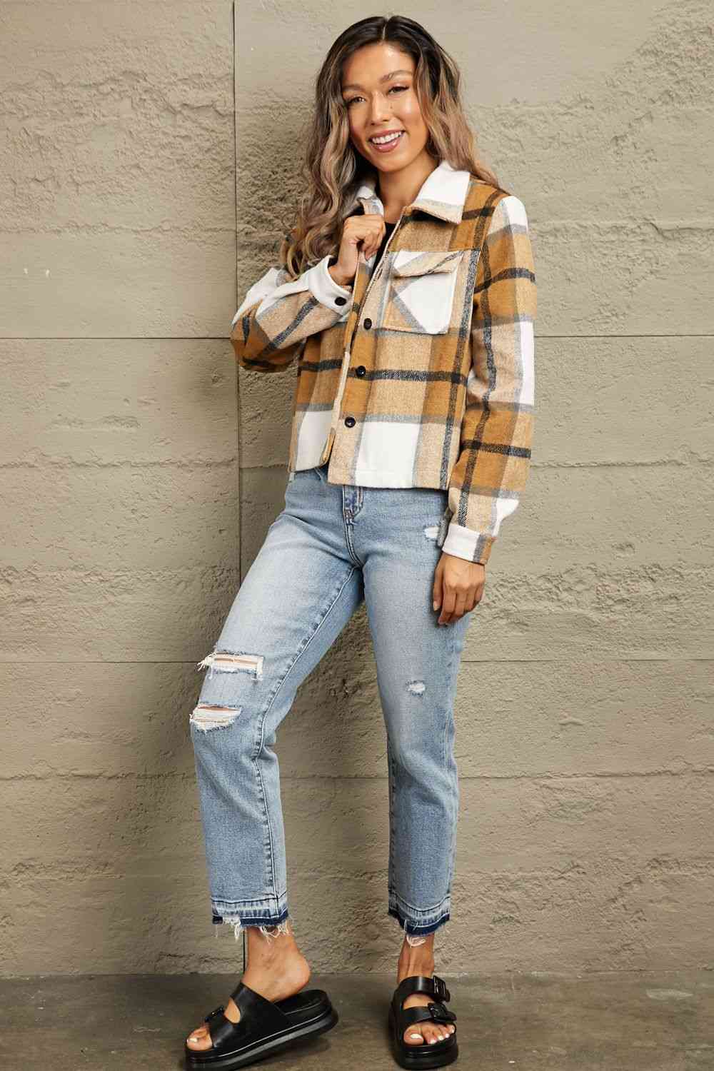  Plaid Collared Neck Jacket with Breast Pockets Trendsi