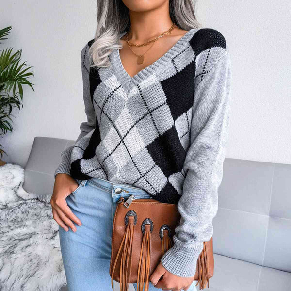 Geometric V-Neck Sweater Bazaarbey