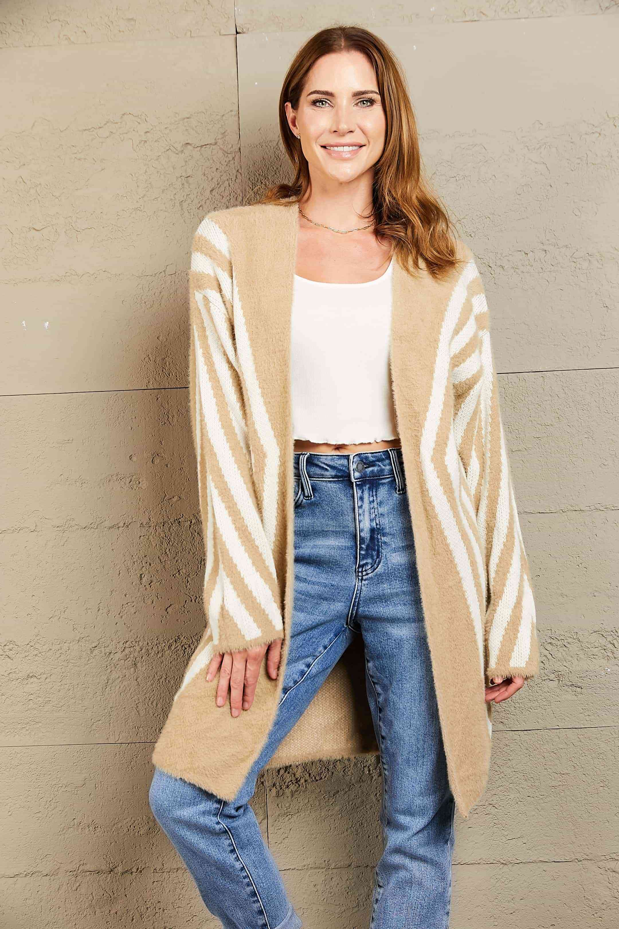 Woven Right Two-Tone  Fuzzy  Cardigan Trendsi