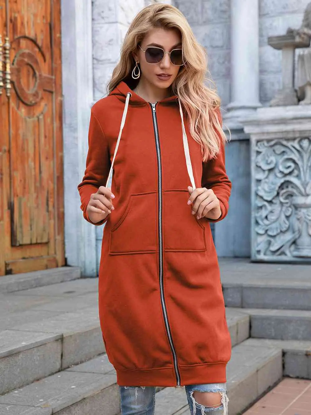 Zip-Up Longline Hoodie with Pockets Bazaarbey