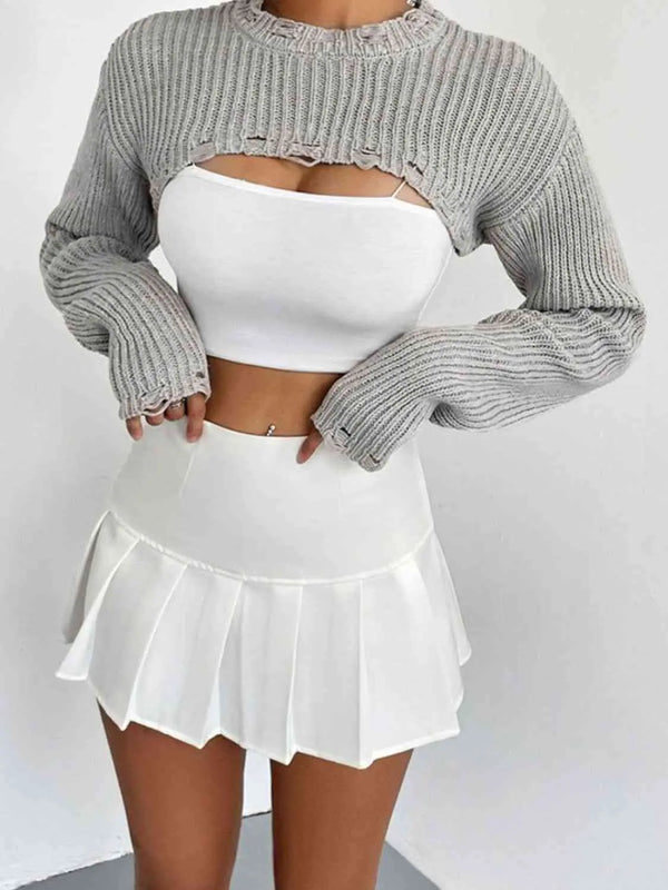 Distressed Long Sleeve Cropped Sweater Trendsi