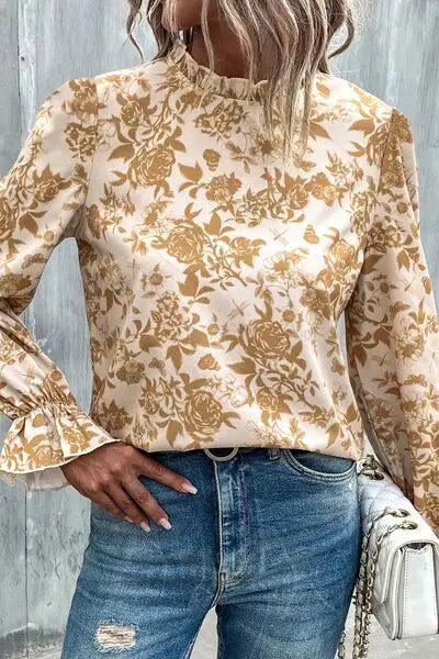 Floral Print Mock Neck Flounce Sleeve Blouse Trendsi