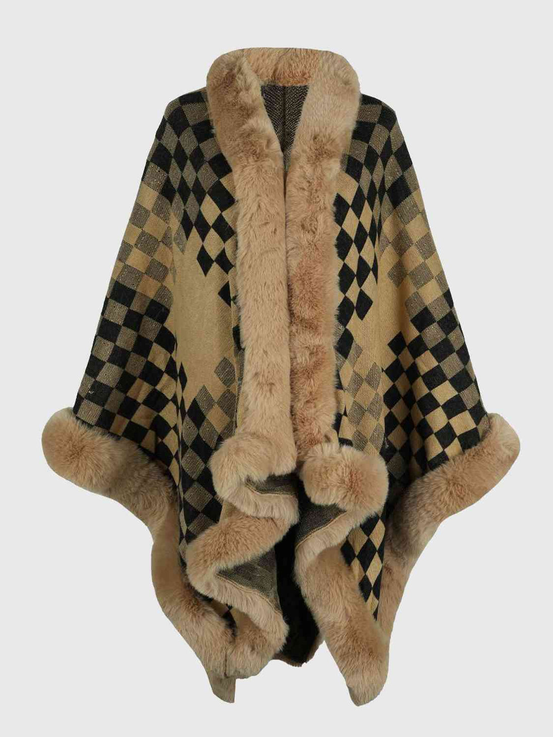 Checkered Faux Fur Trim Poncho Bazaarbey