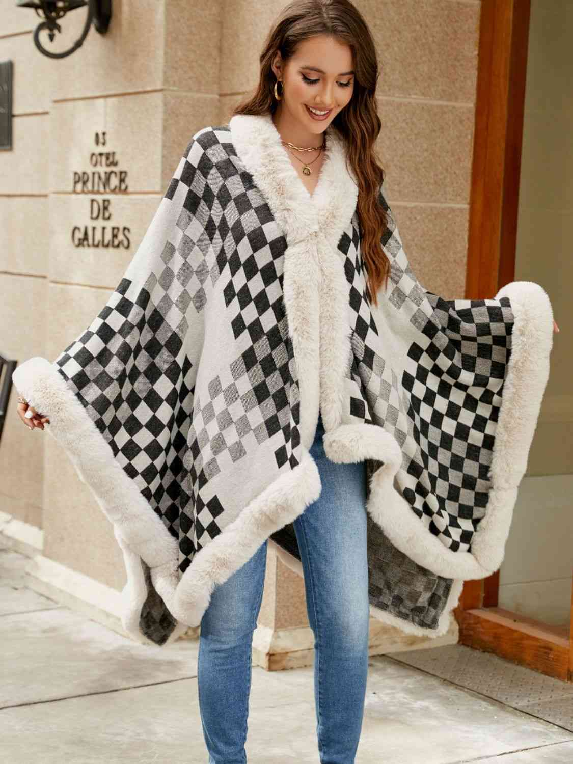 Checkered Faux Fur Trim Poncho Bazaarbey