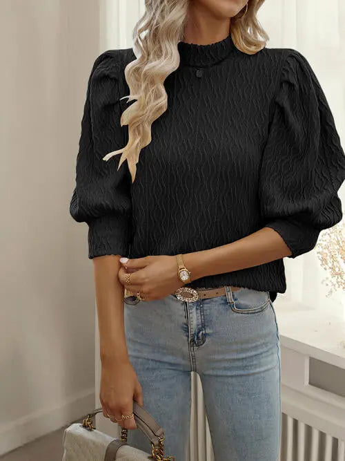 Texture Ruff Sleeve Mock Neck Blouse Trendsi