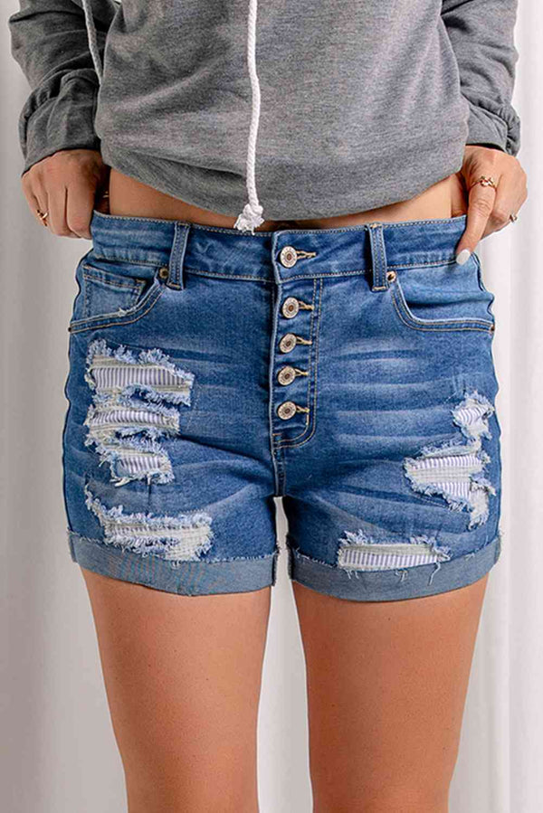 Distressed Button Fly Striped Lining Denim Shorts Bazaarbey