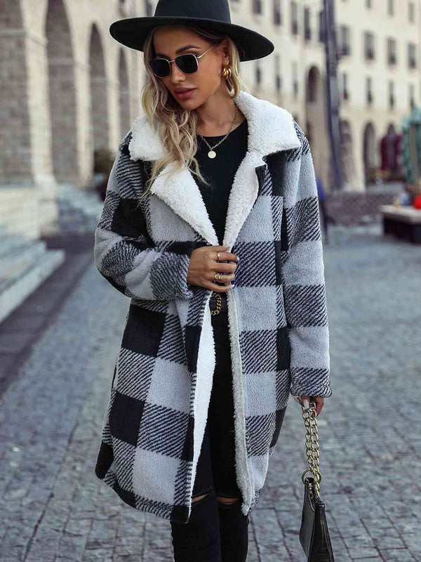 Plaid  Coat with Pockets Trendsi