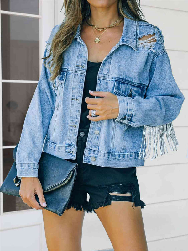 Distressed Fringe Denim Jacket Bazaarbey