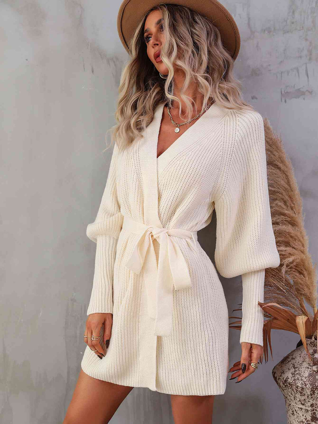 Belted Surplice Lantern Sleeve Wrap Sweater Dress Bazaarbey