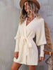 Belted Surplice Lantern Sleeve Wrap Sweater Dress Bazaarbey