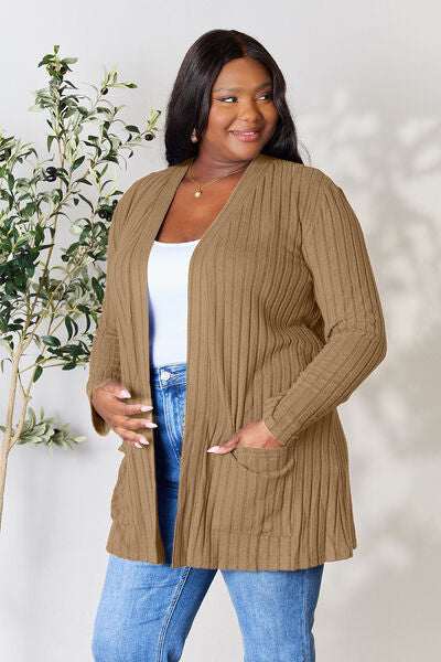   Ribbed Open Front Cardigan with Pockets Bazaarbey