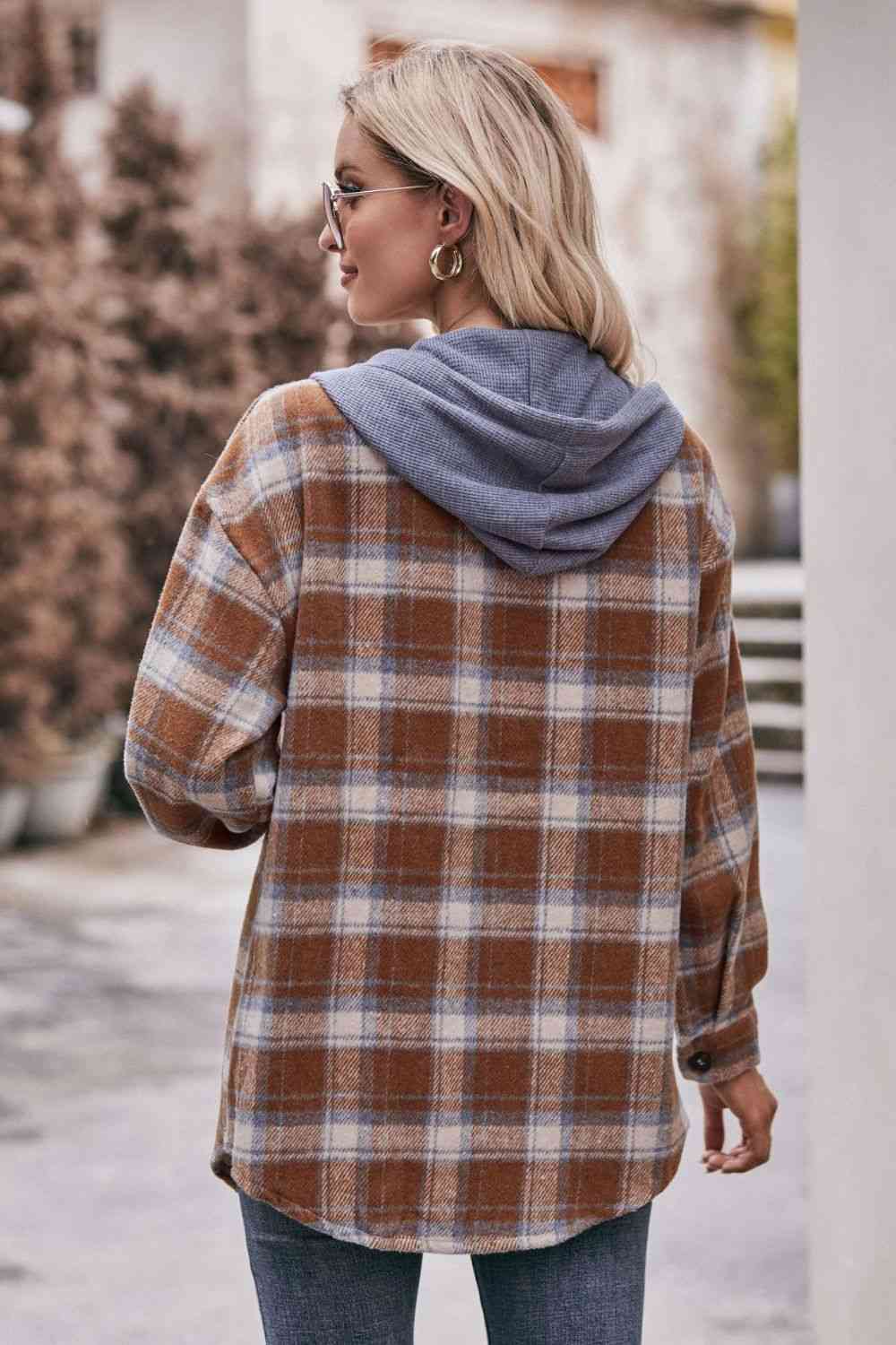 Plaid Dropped Shoulder Hooded  Jacket Trendsi